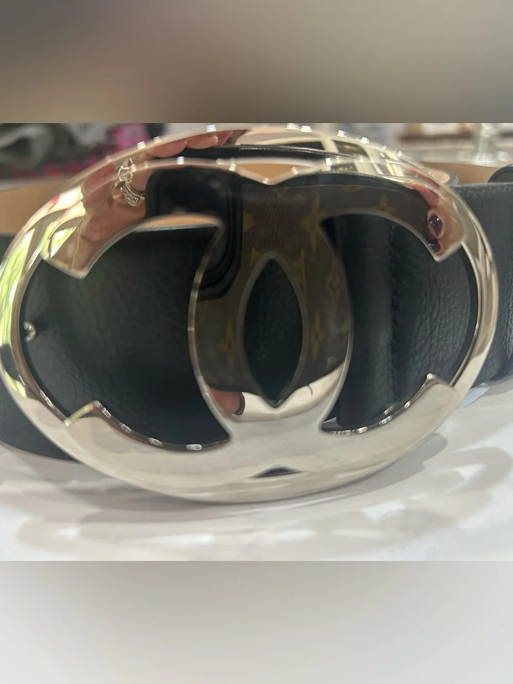 CHANEL Black Leather Belt with Silver CC Oval Buckle